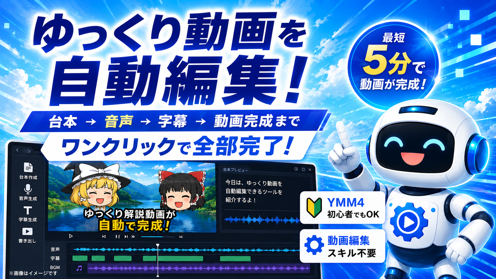 ゆっくり自動化ツール。台本から音声、字幕、動画完成までワンクリックで全部完了。